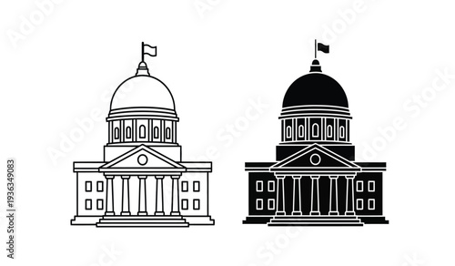Vector illustration of two domed government buildings in black and white