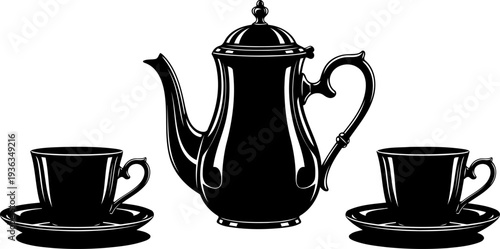 Classic teapot paired with two cups and saucers