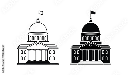 Black and white illustration of two us capitol buildings in different styles