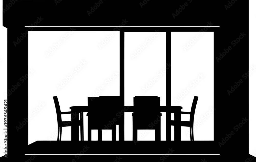 Fototapeta premium Dining table and chairs seen through window frame silhouette
