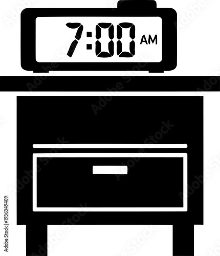 Digital alarm clock on nightstand showing morning time