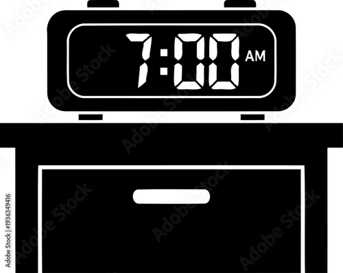 Digital alarm clock silhouette on a nightstand showing seven oclock