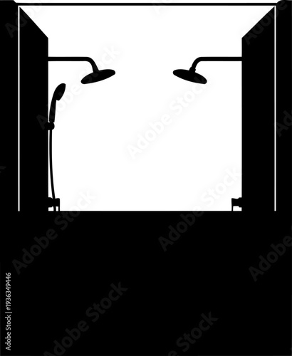 Dual shower head fixture silhouette with wall-mounted controls