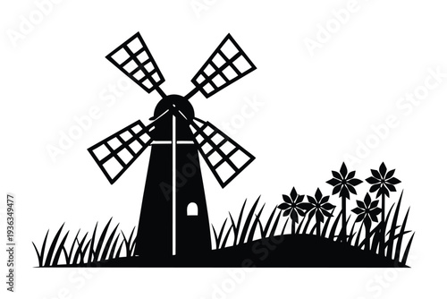 Windmill in summer field silhouette vector illustration 