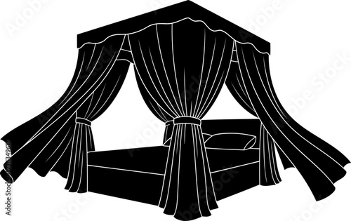 Elegant four poster bed featuring tied back curtains and pillows