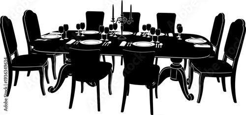 Formal dining table arranged with multiple chairs and a candelabra