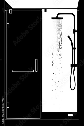 Glass shower stall with water flowing from a rain shower head