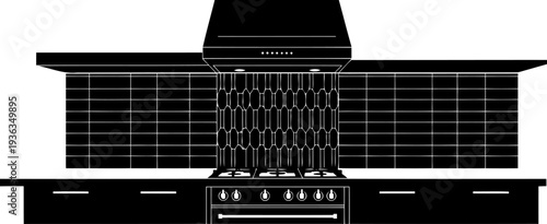 Kitchen cooking area silhouette with range hood and tiled backsplash