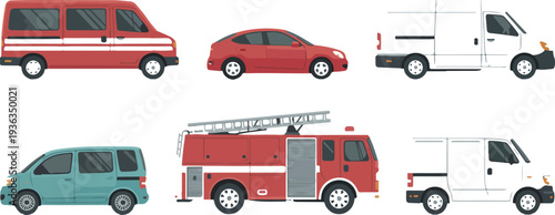 Diverse Collection of Detailed Flat Style Cars and Vehicles Vector Illustration Set Featuring Cars, Trucks, Buses, and Transportation Icons for Kids, Education, and Automotive Design Projects