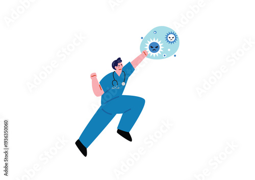 ウイルスと戦う男性医のイラスト