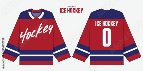 Minimal ice hockey jersey mockup template design. Editable stroke and easy to replace pattern. Front view, back view hockey uniform design. Vector Illustration