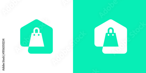 Dual meaning logo combining shopping bag and home elements, symbolizing convenient home shopping, e-commerce lifestyle, comfort, and modern retail solutions for everyday living.