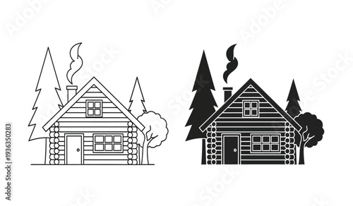 Two black and white line art illustrations of log cabins with smoke coming out of the chimneys surrounded by pine trees