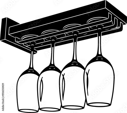 Multiple wine glasses stored on ceiling rack silhouette
