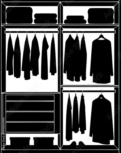 Organized walk-in closet silhouette filled with garments