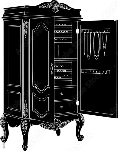 Open wardrobe silhouette showing internal storage drawers and jewelry organization