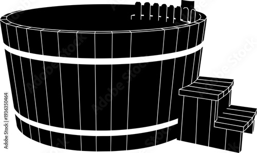 Outdoor wooden hot tub silhouette with access steps