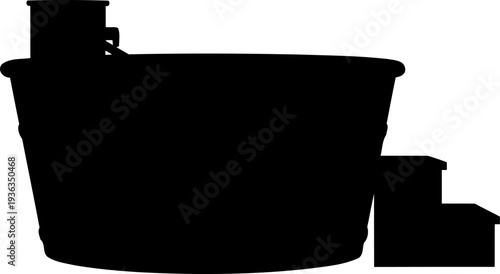 Outdoor wooden hot tub silhouette with external heating stove