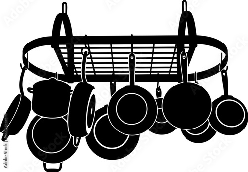 Overhead kitchen pot rack hanging with various cookware