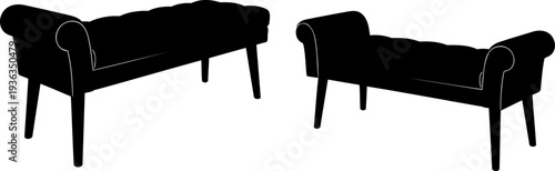 Pair of tufted bed benches silhouettes with upholstered tops and legs
