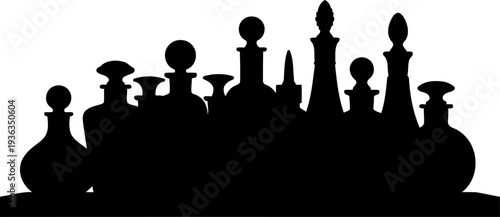 Row of cosmetic and fragrance bottles in silhouette with round caps Collection