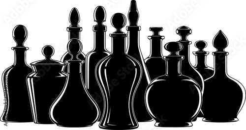 Silhouette of various glass perfume bottles with decorative stoppers Collection