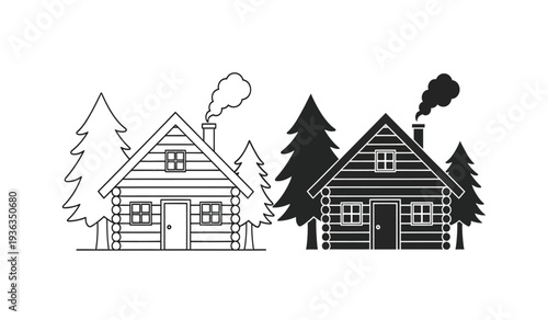 Black and white illustration of two houses with trees and smoke coming out of chimneys in a forest scene