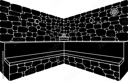 Stone wall sauna interior with wooden benches