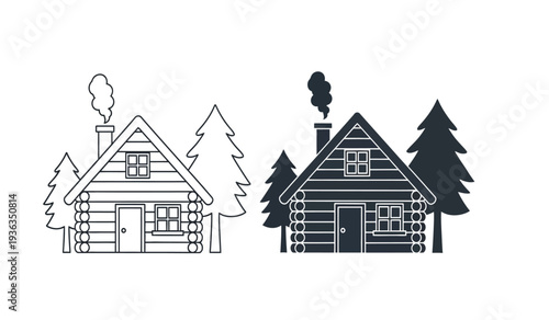 Black and white illustration of two log cabins with trees and smoke from chimneys