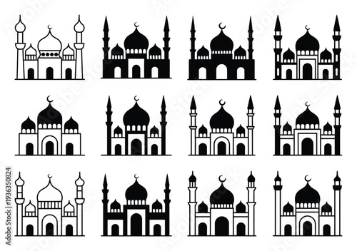 Collection of Mosque Silhouettes with Minarets and Domes