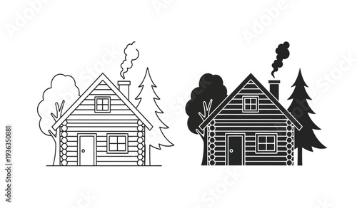 Black and white illustration of two log cabins with trees and smoke coming out of chimneys