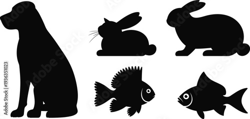 Animal silhouette collection with dog, rabbits and fish, simple black wildlife icons set, domestic and aquatic animals illustration for design, education, and nature themes