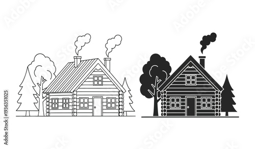 Black and white illustration of two houses with smoke coming out of chimneys surrounded by trees