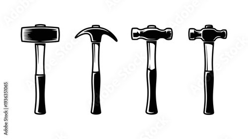 A monochrome collection of four distinct hammer types, including a sledgehammer, pickaxe, ball-peen, and claw hammer, ready for various tasks.