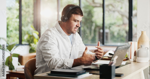 Tableau sur toile Businessman, consultant and video call with laptop in home for online advice or customer service