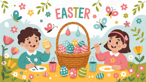 Children painting colorful easter eggs at a table with a basket of decorated eggs surrounded by flowers and butterflies in a festive spring setting