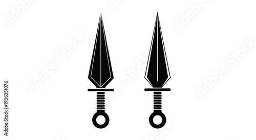 Two black silhouettes of ancient spearheads or daggers with circular pommels