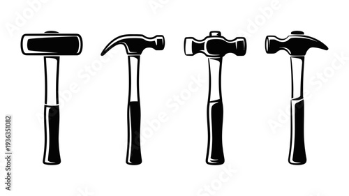 A classic set of four different hammer designs, including a sledgehammer, claw hammer, and ball-peen hammer, depicted in black and white.
