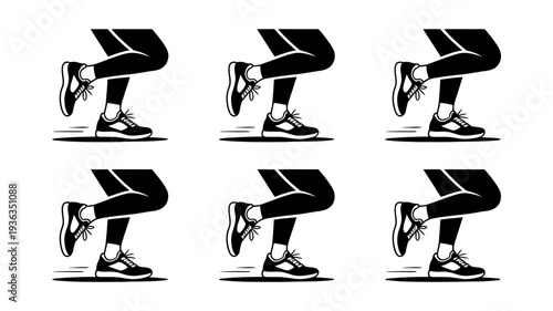 Six dynamic illustrations of legs wearing running shoes, capturing various stages of a stride in black and white, ready for action.