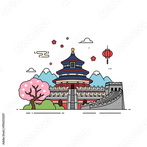 Chinese Temple and Great Wall Illustration with Cherry Blossom Tree and Lantern