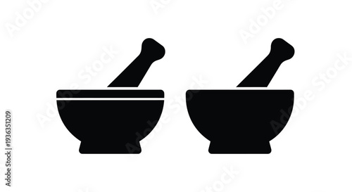 Two black silhouettes of mortar and pestles on a white background