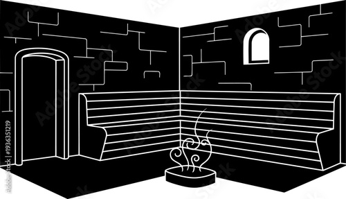 Wooden sauna room silhouette featuring tiered benches and a steam heater