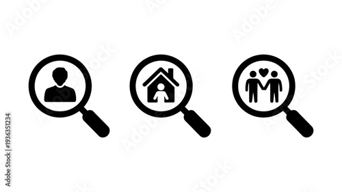 Three magnifying glass icons visually representing searches for individuals, homes, and relationships.