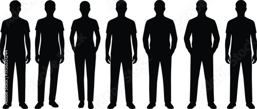 Standing Men Silhouettes Set, Full Body Male Figures Front View, Isolated Black Human Outline Collection