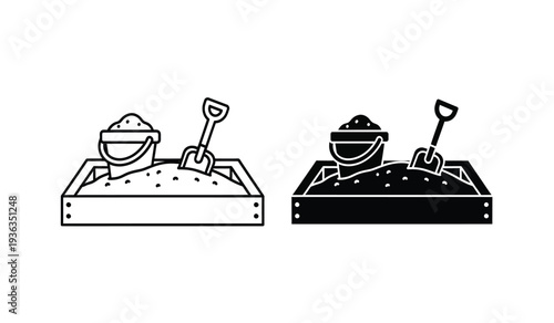 Black and white line drawing of two sandbox scenes with bowls and shovels