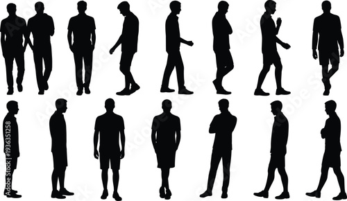 Male Silhouettes Collection, Men Standing Walking and Side View Poses, Isolated Black Full Body Figures Set