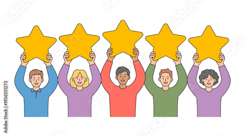 Diverse group of five happy people joyfully holding up golden stars representing excellence.