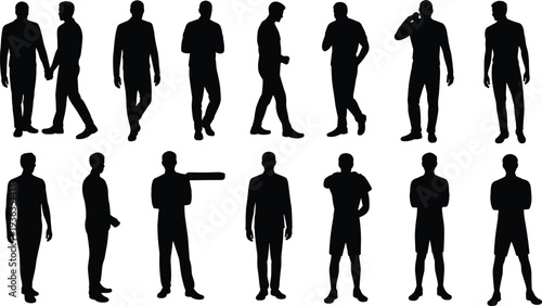 Male People Silhouettes Collection, Men Standing Walking and Casual Poses, Isolated Black Full Body Figures Set