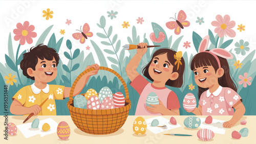 Children decorating easter eggs at a table with a basket of colorful eggs flowers and butterflies in the background joyful kids painting eggs