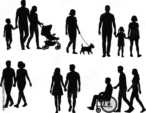 Family and Inclusive People Silhouettes Collection, Parents Children Couples with Stroller Dog Wheelchair, Isolated Black Figures Set